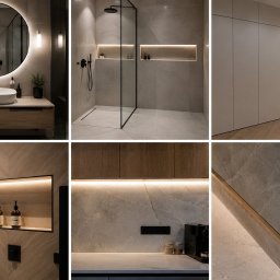 MATLUX-BUD - Nowoczesna aranżacja wnętrz: łazienka z okrągłym lustrem LED, kabina prysznicowa typu walk-in, szafa w zabudowie i podświetlane wnęki. Minimalistyczny design, stonowana kolorystyka.