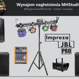 Usługi Techniczne Marcin Puchałka - Zestaw nagłośnieniowy JBL Pro z mikserem i oświetleniem scenicznym Beamz Showbar, gotowy do obsługi imprezy. Widoczna wytwornica dymu LFD-500.