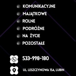 Bartosz Sawicki - Grafika informacyjna z nazwą firmy Sawiccy Ubezpieczenia, listą oferowanych ubezpieczeń (komunikacyjne, majątkowe, rolne, podróżne, na życie, pozostałe) i danymi kontaktowymi.