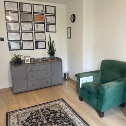 Ewelina Janiak-Wojdyńska psychoterapia i pomoc psychologiczna - Przytulny gabinet psychoterapeuty: zielony fotel, dywan, komoda z roślinami i certyfikaty na ścianie. Stonowana kolorystyka, profesjonalny wystrój.