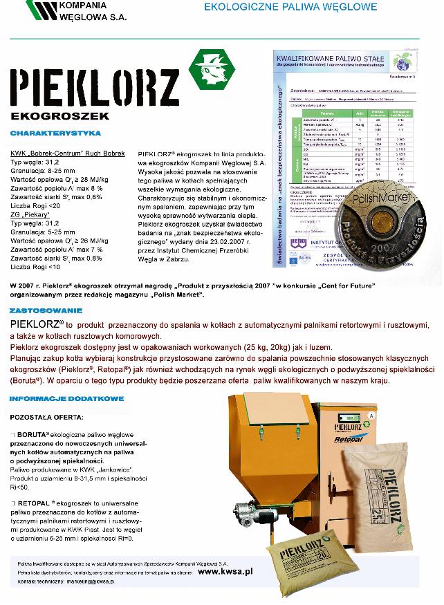 Prezentacja produktu Pieklorz: automat podający paliwo, worki z ekogroszkiem Pieklorz Retopal 25 kg i Pieklorz 20 kg, na białym tle.