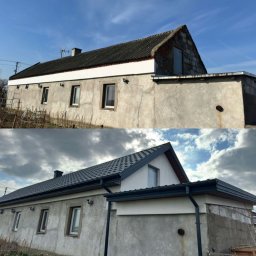 Dach-Decer Dekarz - Zdjęcie 'przed i po' wymiany dachu na domu jednorodzinnym. Stary, ciemny dach z eternitu zastąpiony nową, grafitową dachówką i rynnami. Widoczne zmiany w obróbkach blacharskich.
