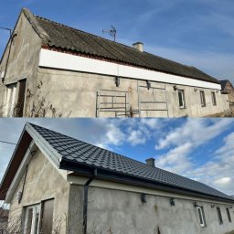 Dach-Decer Dekarz - Zdjęcie 'przed i po' prezentujące wymianę pokrycia dachowego na domu jednorodzinnym. Stara, szara dachówka zastąpiona nową, czarną blachodachówką z orynnowaniem.