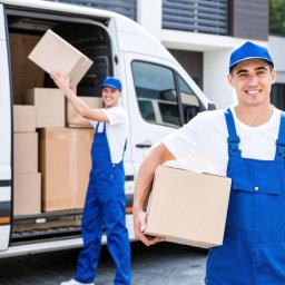 HMMM LOGISTICS Sp. z o.o. - Dwóch uśmiechniętych pracowników w niebieskich kombinezonach rozładowuje kartony z białej furgonetki na tle nowoczesnego domu. Jeden trzyma karton, drugi podnosi go.
