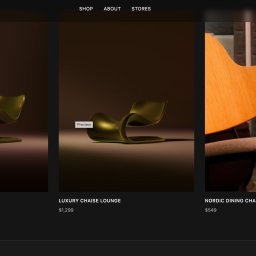 Tim Mach - E-commerce strona prezentuje trzy designerskie krzesła: Velvet Lounge, Luxury Chaise Lounge i Nordic Dining Chair, na ciemnym tle z cenami poniżej.