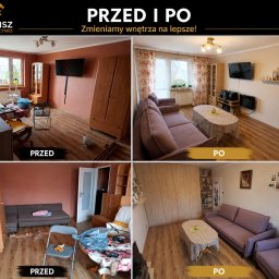 Skubisz budownictwo - Kolaż 'Przed i Po': pokój dzienny przed i po odświeżeniu. Widoczne zmiany w kolorystyce ścian, meblach i dekoracjach. Na zdjęciach 'Po' pokój jest uporządkowany i jaśniejszy.