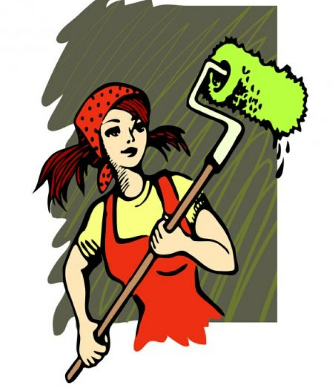 Karykatura kobiety w czerwonej chuście i kombinezonie, z wałkiem do malowania z jaskrawozieloną farbą, malującej ścianę w odcieniach szarości.