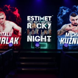 ToprawdensGFX - Animowana oprawa wizualna gali bokserskiej: dwaj bokserzy (Vitalii Burlak i Michał Kuźniak) na ekranach z dynamicznymi efektami świetlnymi i logo Rocky Boxing Night.
