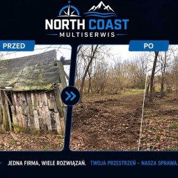 NORTH MULTISERWIS - Porównanie 'przed i po': zrujnowana drewniana szopa kontra uporządkowany teren po wyburzeniu, z widocznymi drzewami w tle. Prezentacja firmy North Coast Multiserwis.