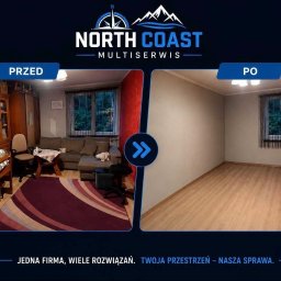 NORTH MULTISERWIS - Zdjęcie 'przed i po' przedstawia pokój przed i po remoncie. Po lewej stronie zagracony pokój, po prawej odnowione wnętrze z nową podłogą i pomalowanymi ścianami.