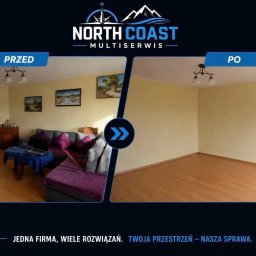 NORTH MULTISERWIS - Zdjęcie 'przed i po' przedstawia pokój przed remontem (z meblami i dekoracjami) i po remoncie (pusty, z odnowioną podłogą). Grafika firmowa w tle.