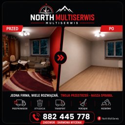 NORTH MULTISERWIS - Pokój przed i po: z zagraconego salonu z meblami i dywanem w czyste, puste pomieszczenie z jasnymi ścianami i drewnianą podłogą, gotowe do aranżacji.