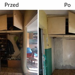 ProTrans - Zdjęcie 'Przed i Po' przedstawia odnowioną wnękę szafy w przedpokoju. Widoczne zmiany w kolorystyce ścian i uporządkowanie przestrzeni. Ujęcie z bliska, wnętrze mieszkania.