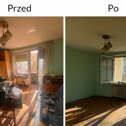 ProTrans - Zdjęcie 'przed i po' przedstawia pokój przed i po remoncie. Po lewej stronie zagracone wnętrze, po prawej odnowione, puste pomieszczenie z parkietem i otwartym oknem.