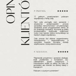 Julia Duda - Grafika z opiniami klientów o sprzedaży nieruchomości, z imionami P. Przemek i P. Sebastian, oraz pięcioma gwiazdkami oceny. Minimalistyczny design.
