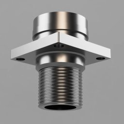 Kamil Czernik - Metalowy element z gwintem i kwadratową podstawą, render 3D na szarym tle. Widoczne otwory montażowe w podstawie, detale gwintu i odbicia światła na metalu.