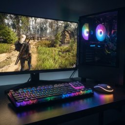 SaganIT - Gamingowy zestaw PC z podświetleniem RGB: monitor wyświetla grę Wiedźmin 3, obok obudowa komputera z wentylatorami RGB, klawiatura i mysz z podświetleniem na biurku.