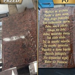 Marcin Sułek - Renowacja pomnika z czerwonego granitu: widok przed i po czyszczeniu, z wyrytym wierszem. Napis odzyskuje blask, ukazując detale.