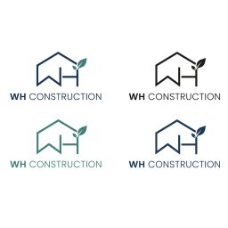 PRESSART - Cztery warianty logo 'WH Construction' w różnych kolorach: granatowym, czarnym i turkusowym. Minimalistyczny design z motywem domu i liścia.
