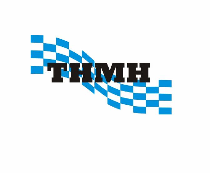 Logo THMH z motywem szachownicy w odcieniach błękitu i czerni na białym tle.