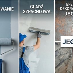 Michał Kowalski - Prezentacja technik: malowanie wałkiem, nakładanie gładzi szpachlowej i efekty dekoracyjne Jeger. Trzy różne wykończenia ścian w jednym ujęciu.