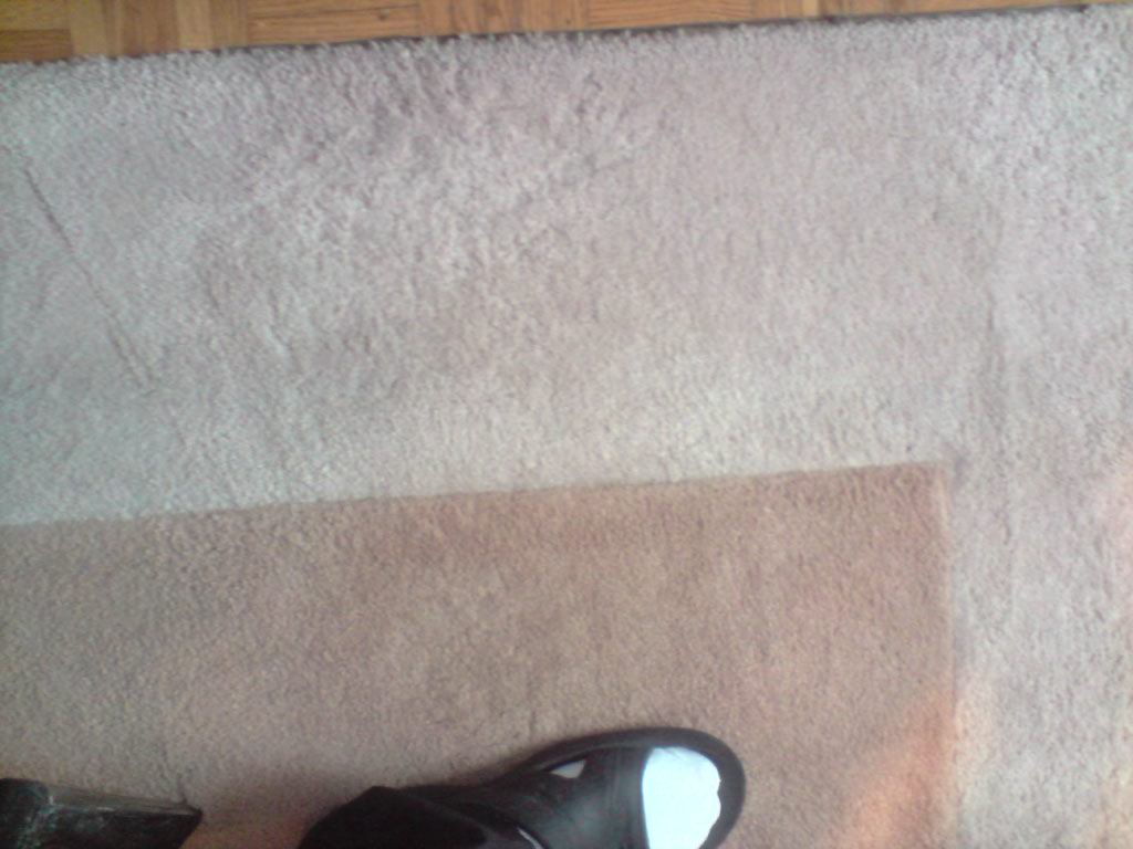 Fragment czyszczonego dywanu z widoczną różnicą w kolorze po czyszczeniu, obok fragment odkurzacza.