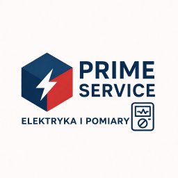 PRIME SERVICE - Logo firmy Prime Service: sześcian z błyskawicą, nazwa i napis 'Elektryka i Pomiary' oraz ikona miernika elektrycznego. Grafika w odcieniach błękitu i czerwieni.