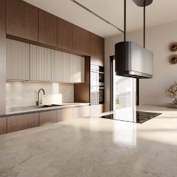 AM design Anna Mrugała - Nowoczesna kuchnia z drewnianymi szafkami, beżowym blatem i designerskim okapem. Uwagę przykuwają minimalistyczne lampy ścienne i krzesła barowe.