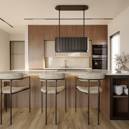 AM design Anna Mrugała - Nowoczesna kuchnia z wyspą i trzema hokerami o kamiennych siedziskach. Drewniane fronty szafek, czarny okap i oświetlenie liniowe. Minimalistyczny design.