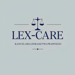 Lex-Care - Logo 'LEX-CARE Kancelaria Doradztwa Prawnego' w odcieniach granatu, z symbolem wagi sprawiedliwości. Minimalistyczny design na jasnym tle.