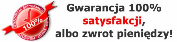 Gwarancja 100% satysfakcji, lub zwrot pieniędzy, przedstawiona na czerwonej wstędze z symbolem zaznaczenia.