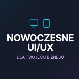 Andrii Cherepkov - Grafika z napisem 'Nowoczesne UI/UX dla Twojego Biznesu' oraz ikonami monitora i smartfona na ciemnym tle. Minimalistyczny design.