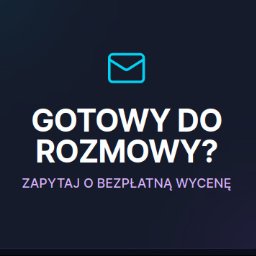 Andrii Cherepkov - Grafika z niebieską ikoną koperty i tekstem 'GOTOWY DO ROZMOWY? ZAPYTAJ O BEZPŁATNĄ WYCENĘ' na ciemnym tle. Minimalistyczny design, zaproszenie do kontaktu.