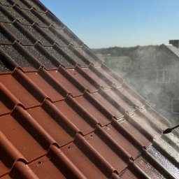 Panel Cleaner - Częściowo umyty dach z brązowej dachówki, widoczna różnica między czystą a zabrudzoną powierzchnią. W tle budynki i błękitne niebo.