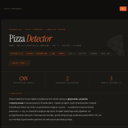 Artur Borkowski - Strona projektu Pizza Detector: model CNN do klasyfikacji obrazów z użyciem Python, Keras, TensorFlow, Django i REST API. Grafika pizzy w rogu.