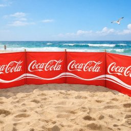 Dream Factory 24 - Czerwony parawan plażowy z logo Coca-Coli na tle morza i błękitnego nieba. W tle parasol i sylwetki ludzi. Ujęcie z poziomu piasku, z widocznym ptakiem w locie.