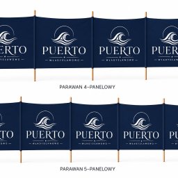 Dream Factory 24 - Parawan reklamowy z nadrukiem logo 'Puerto Władysławowo', wersja 4- i 5-panelowa, na białym tle. Granatowe tło, biały nadruk. Drewniane słupki.