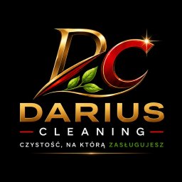 DariusCleaning DS - Złoto-czerwone logo 'DC DARIUS CLEANING' na czarnym tle, z zielonymi listkami i hasłem 'Czystość, na którą zasługujesz'. Elegancki design.
