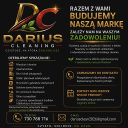 DariusCleaning DS - Baner firmy sprzątającej 'Darius Cleaning' z ofertą sprzątania mieszkań, biur, po remontach, szkół, przychodni, salonów samochodowych i okien. Kontakt telefoniczny i mailowy.
