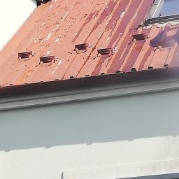 Profi-mal Alicja Wątroba - Czerwony dach z widocznymi śladami łuszczącej się farby, okno dachowe i komin z cegły. Widoczny fragment elewacji i iglak.