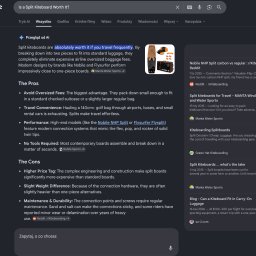 BoostNow Agencja Marketingowa - Wyniki wyszukiwania Google dla zapytania o split kiteboard. Widoczne fragmenty artykułów i postów na forach, podkreślające zalety split kiteboardów.