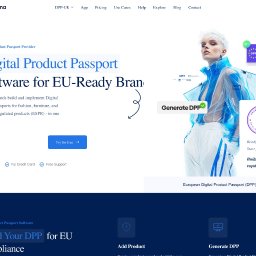 BoostNow Agencja Marketingowa - Strona główna oprogramowania Caruma Digital Product Passport, z nagłówkiem 'Software for EU-Ready Brand', modelką w przezroczystej kurtce i grafikami NFT, GS1 oraz DPP.