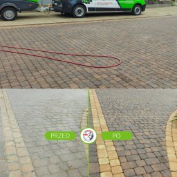 HydroBlask Mycie Ciśnieniowe - Efekt mycia kostki brukowej: porównanie 'przed' i 'po' z zielonym wozem serwisowym w tle. Czerwony wąż leży na kostce. Widoczny budynek w tle.