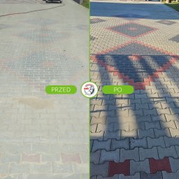 HydroBlask Mycie Ciśnieniowe - Kostka brukowa przed i po czyszczeniu. Po lewej stronie widoczny brudny fragment, po prawej wyczyszczona kostka z wyraźnym wzorem. W tle maszyna czyszcząca.