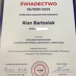 TARCZA DDD - Świadectwo ukończenia szkolenia z zakresu dezynfekcji, dezynsekcji i deratyzacji