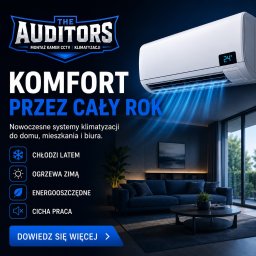 THE AUDITORS - Klimatyzator ścienny w nowoczesnym wnętrzu, z niebieskimi promieniami chłodnego powietrza. Logo firmy 'The Auditors' z montażem kamer CCTV i klimatyzacji.