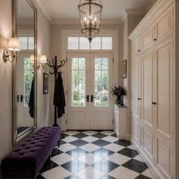 Hana Design Studio - Elegancki wiatrołap z czarno-białą marmurową podłogą w szachownicę, lustrem w srebrnej ramie, fioletową ławką i dekoracyjną lampą wiszącą.