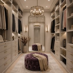 Hana Design Studio - Elegancka garderoba z lustrem, oświetleniem punktowym i pufą w kolorze śliwkowym. Jasne szafy w zabudowie, dywan w neutralnym odcieniu i parkiet w jodełkę.