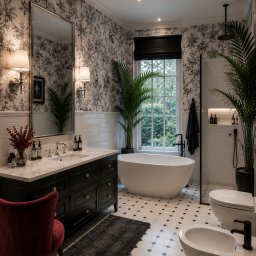 Hana Design Studio - Elegancka łazienka w stylu klasycznym: wzorzyste tapety, białe płytki, czarne meble z marmurowym blatem, wolnostojąca wanna i akcenty roślinne.