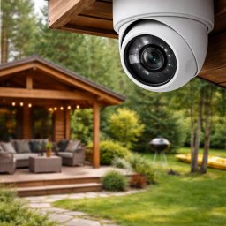SecureVision - Kamera monitoringu kopułkowa, zamontowana pod drewnianym zadaszeniem, z widokiem na ogród i altanę. Oświetlenie naturalne, ciepłe barwy drewna.
